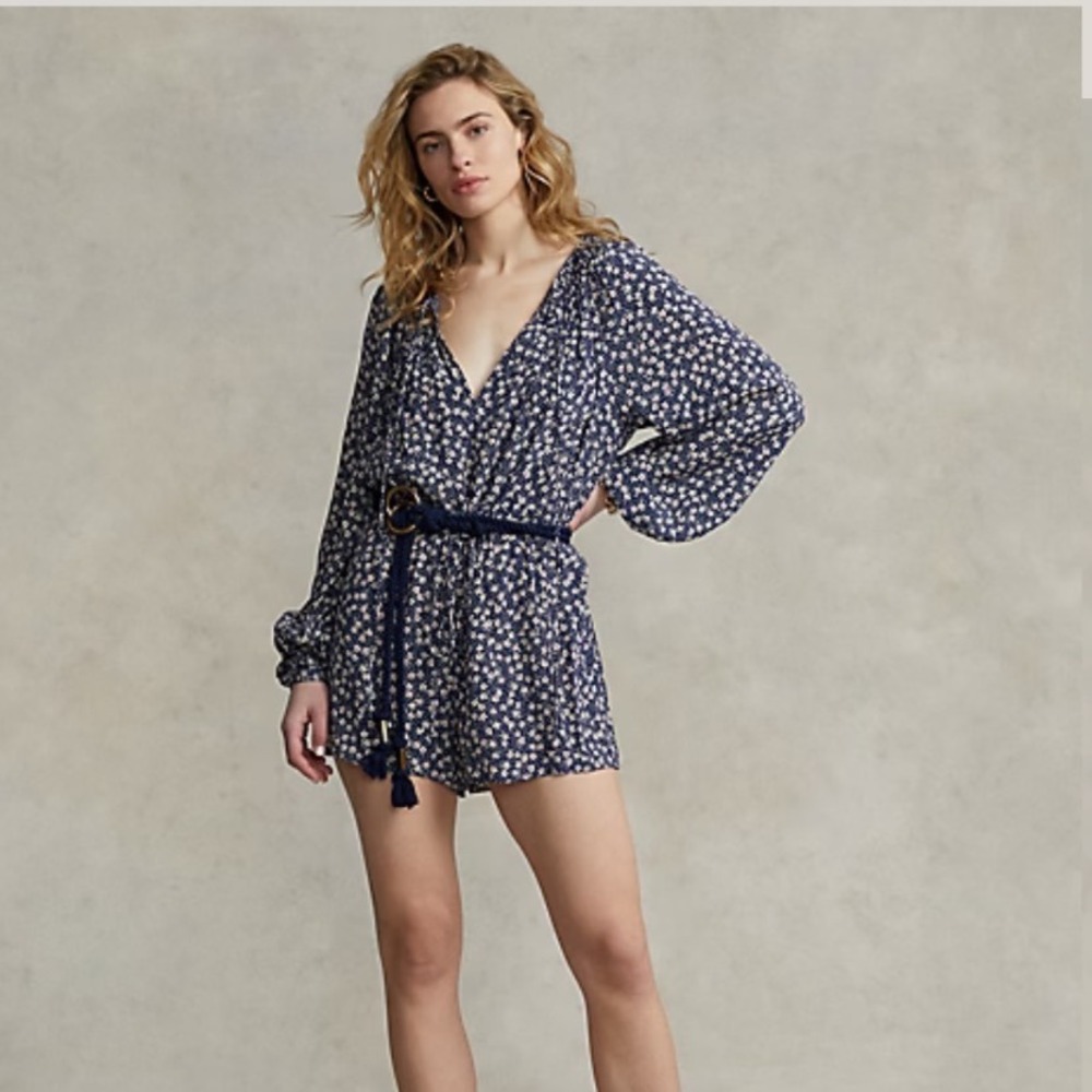 Polo Ralph Lauren Romper Womens 12 Navy Floral print Long Sleeve V-Neck Boho